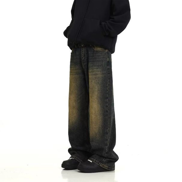 Vintage Washed Denim Jeans For Men – Relaxed Straight-Leg Streetwear Pants With Distressed Details, High-Waisted Loose Fit (S-3XL, Retro Blue)_viptrois.com