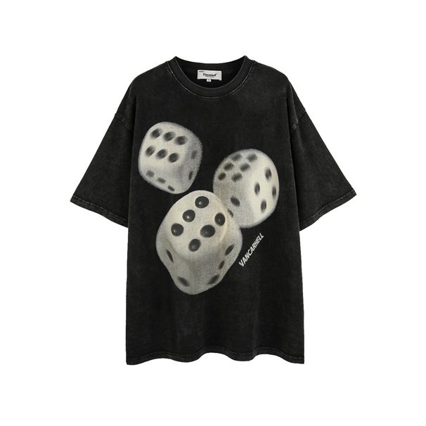 Men's Clothing summer street fashion brand dice theme washed old oversize short sleeved T shirt_viptrois.com