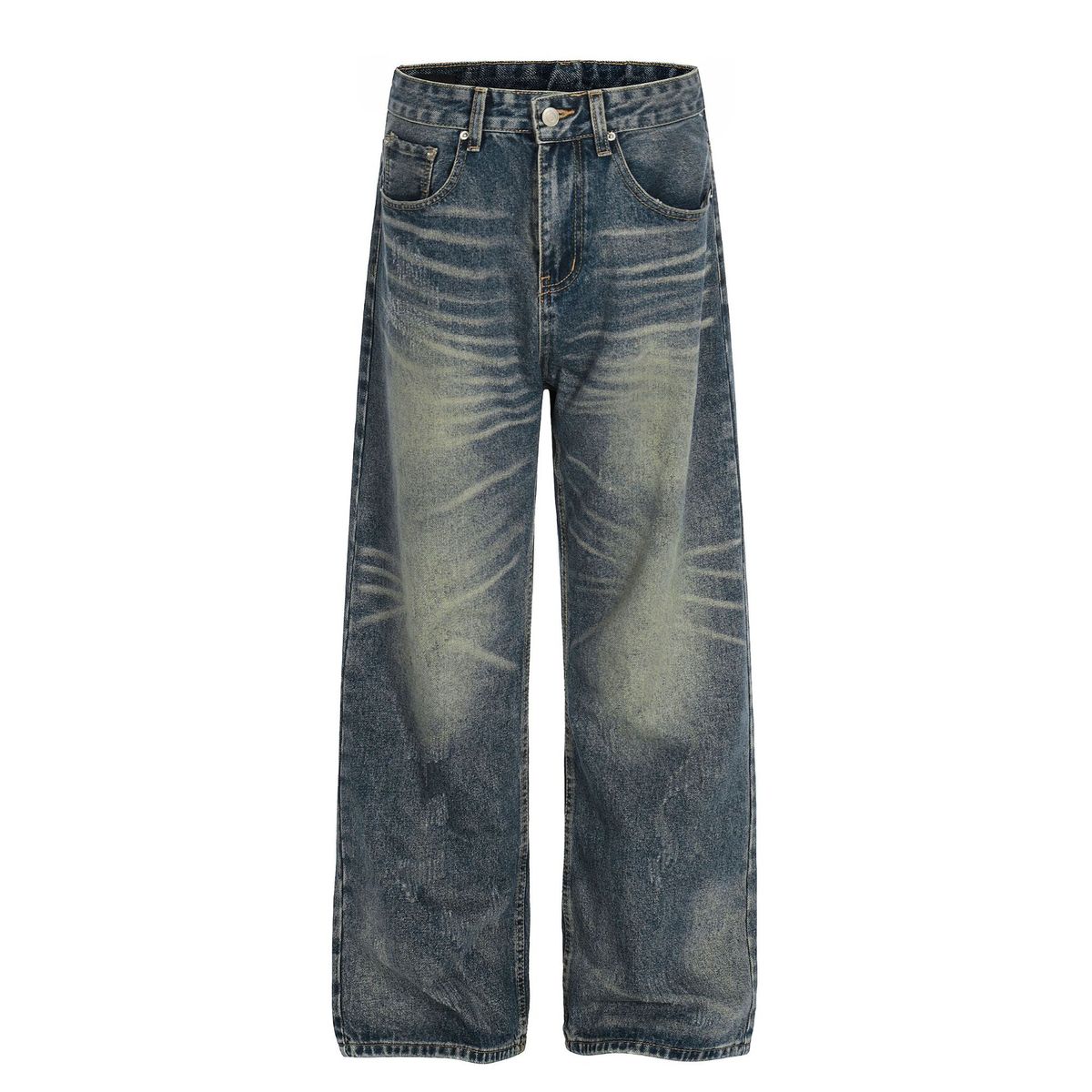 Vintage Washed Blue Relaxed Fit Jeans For Men – High Street Style With Cat Whisker & Faded Details (Classic Straight Leg, Distressed Look)_viptrois.com