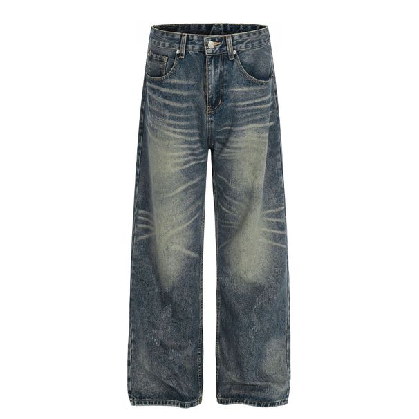 Vintage Washed Blue Relaxed Fit Jeans For Men – High Street Style With Cat Whisker & Faded Details (Classic Straight Leg, Distressed Look)_viptrois.com