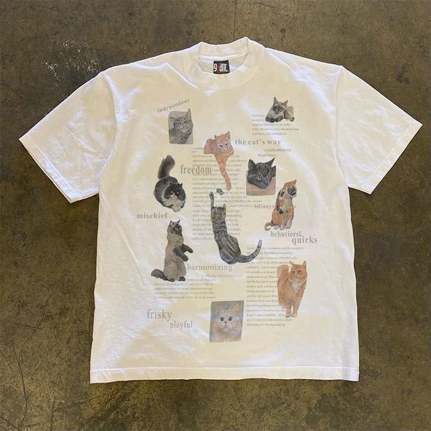 250g Heavyweight Cotton American Style Oversized Cat Print T-Shirt Loose Fit Short Sleeve Casual Top for Men Y2K Retro Daily Wear_viptrois.com