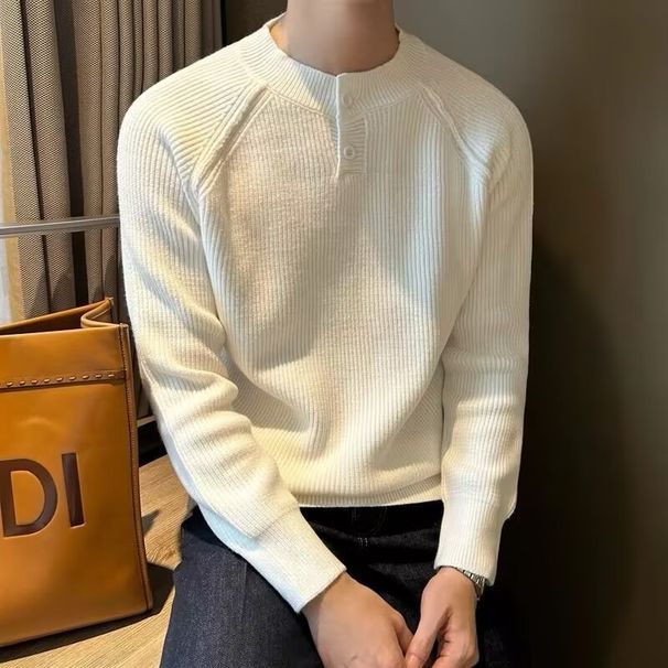 Men's Clothing Autumn And Winter New Style Henley Collar Long Sleeve Knit Sweater Men's Light Mature Business Slim Bottoming Shirt_viptrois.com