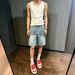 American Style Ripped Denim Shorts Midweight Washed Wide Leg Five Point Pants with Lightning Bolt Pattern Unique Trendy Design_viptrois.com