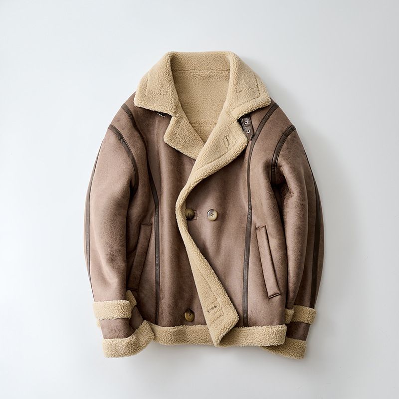 Men's Faux Fur Collar Jacket - Winter Warm Fleece Lined Casual Coat With Double Breasted Design, Windproof Polyester Outer Shell_viptrois.com