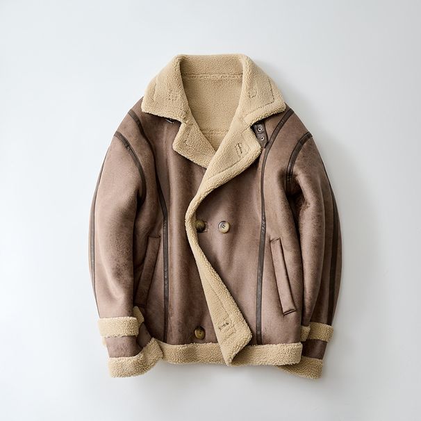 Men's Faux Fur Collar Jacket - Winter Warm Fleece Lined Casual Coat With Double Breasted Design, Windproof Polyester Outer Shell_viptrois.com