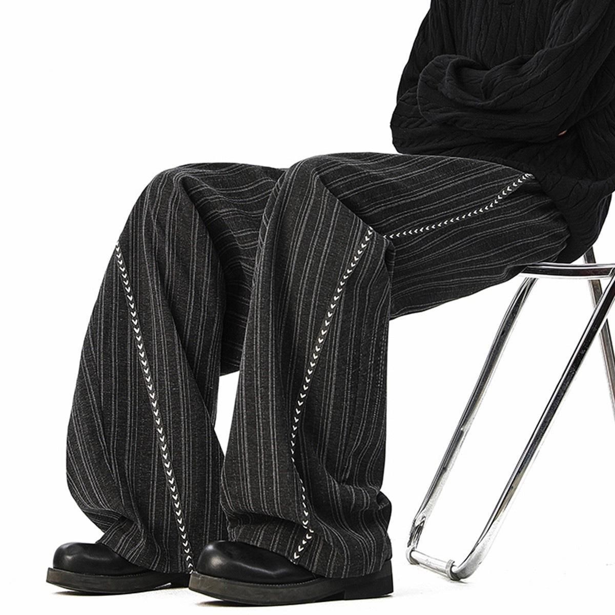 2026 New Old Money Style Striped Trousers Men's Trendy Brand Loose Wide-leg Drape Fishbone Line Splicing Casual Pants_viptrois.com