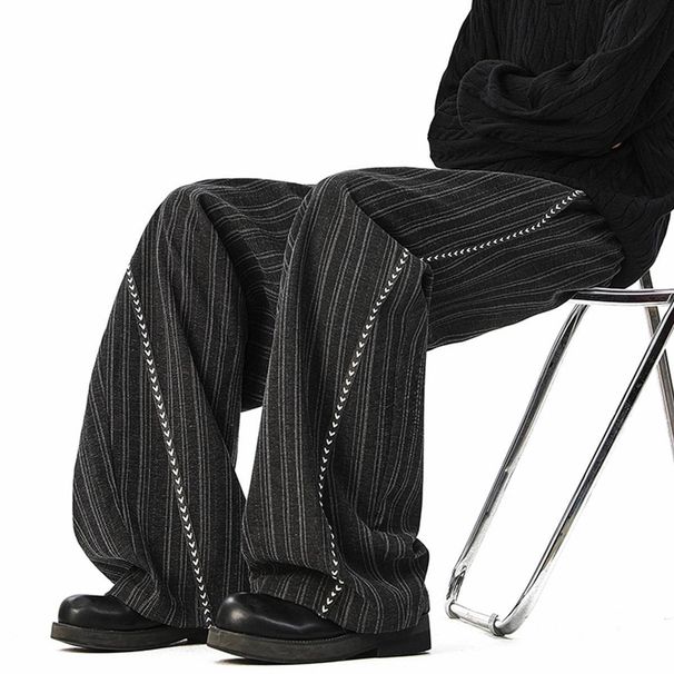 2026 New Old Money Style Striped Trousers Men's Trendy Brand Loose Wide-leg Drape Fishbone Line Splicing Casual Pants_viptrois.com