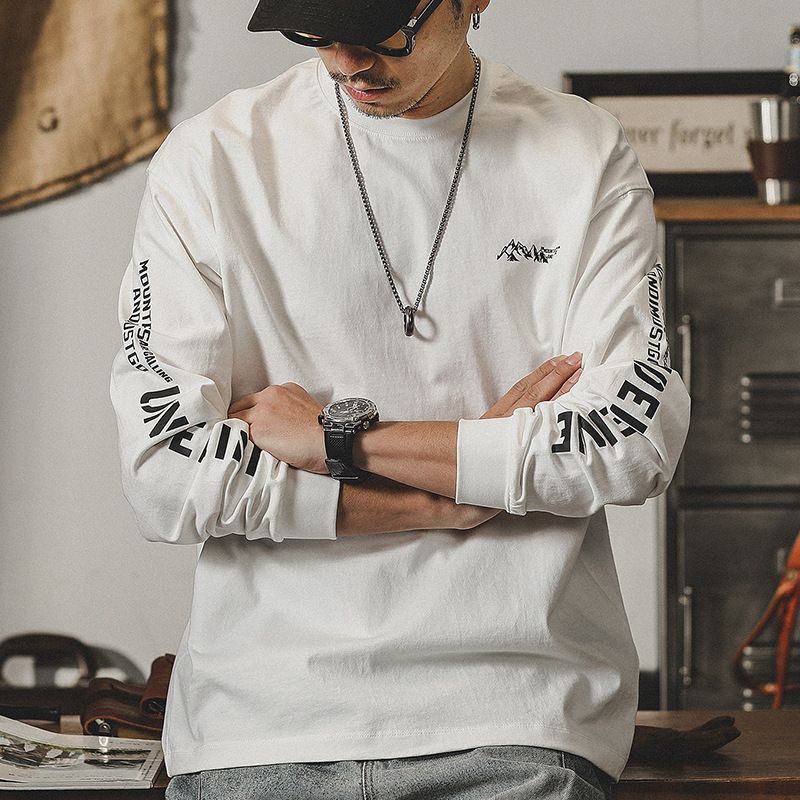 Jereno American Heavyweight T-Shirt Men Long Sleeve Autumn Trendy Brand Ins Loose Casual Pure Cotton Top Mountain Style_viptrois.com