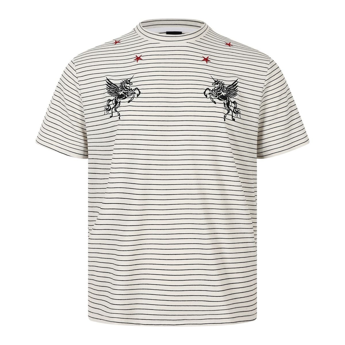 Popular Hot Sale 2026 New Summer Striped T-shirt American Trendy Brand Tee Red Star Unicorn Embroidered Bottoming Shirt For Men And Women_viptrois.com