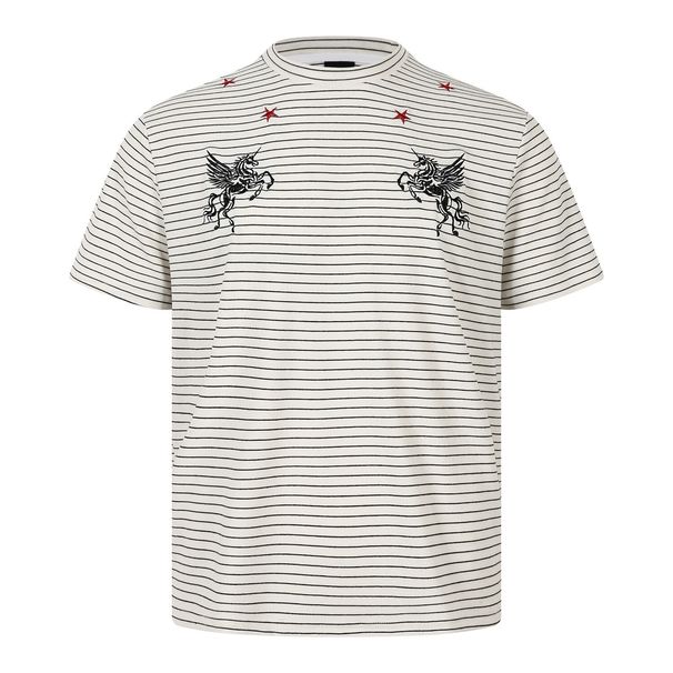 Popular Hot Sale 2026 New Summer Striped T-shirt American Trendy Brand Tee Red Star Unicorn Embroidered Bottoming Shirt For Men And Women_viptrois.com