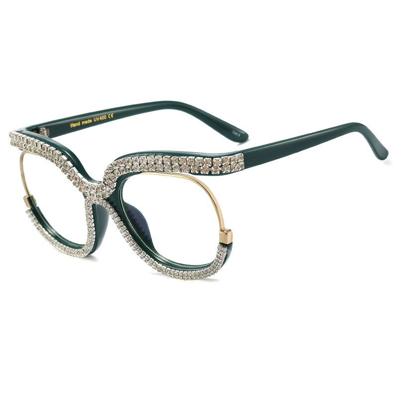 Personalized European And American Half Frame Rhinestone Flat Glasses Exquisite Women's Plain All Match Diamond Studded Fashion Glasses Cross Border_viptrois.com