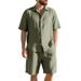 Men's Clothing Men's Summer Linen Suit Striped Jacquard Loose Short Sleeve Shirt And Beach Shorts Two-Piece Set_viptrois.com