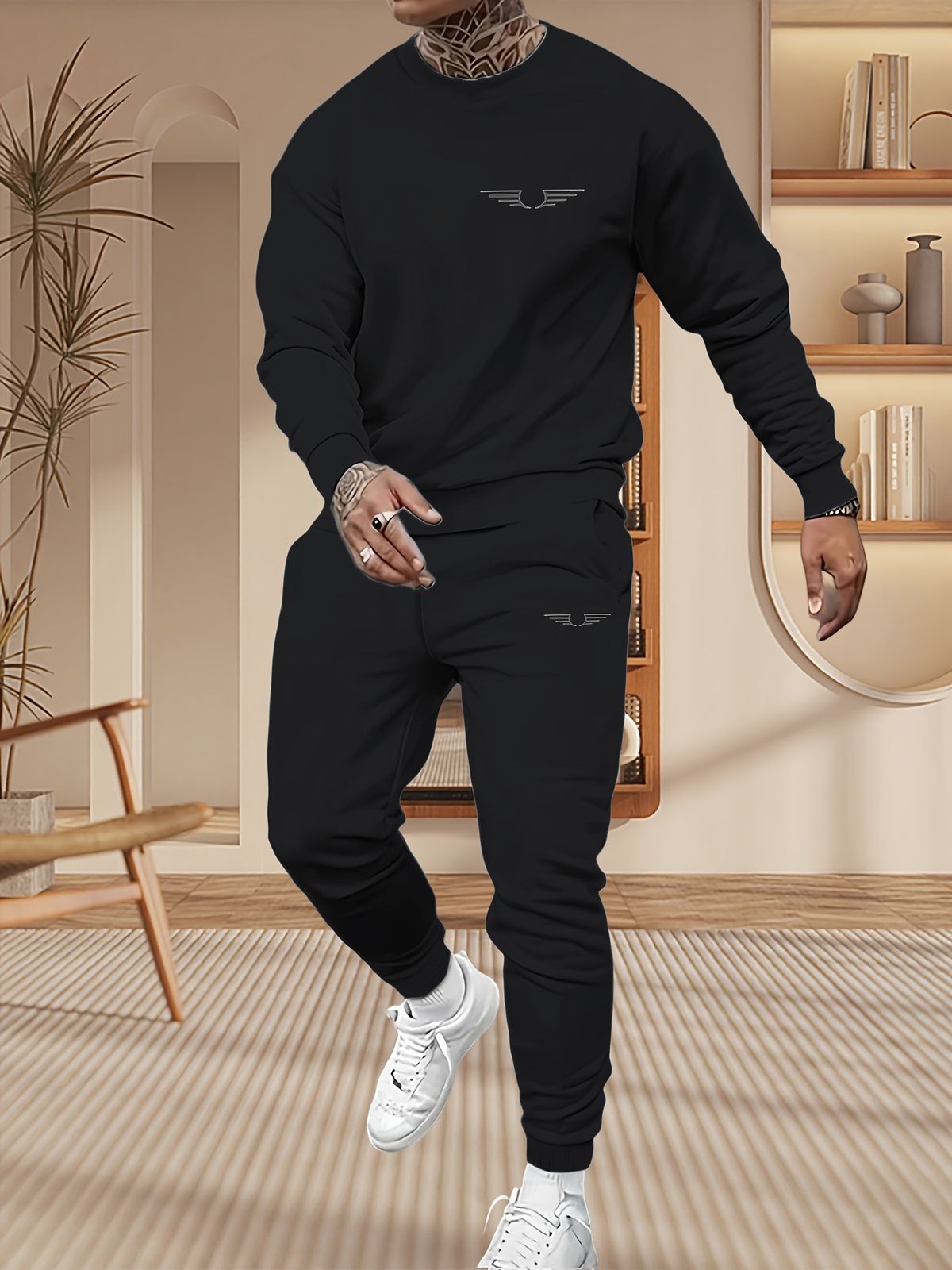 Autumn And Winter 2-piece Set Men's Long Sleeved Round Neck Black Top Loose Casual Hoodie Long Pants SetHerren Trendiges Print Sweatshirt_viptrois.com