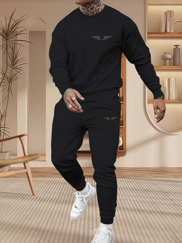 Autumn And Winter 2-piece Set Men's Long Sleeved Round Neck Black Top Loose Casual Hoodie Long Pants SetHerren Trendiges Print Sweatshirt_viptrois.com