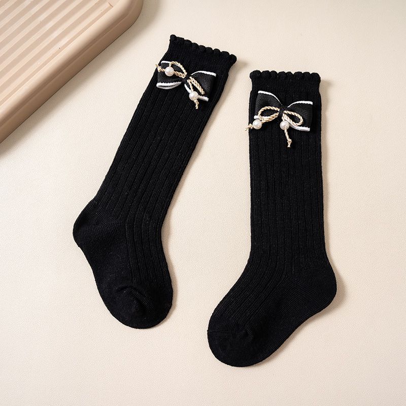 Mother & Kids Stacked Socks Solid Color Double Needle Calf Socks Girls Baby Autumn and Winter Vertical Striped Bowknot Middle Tube Socks Wholesale_viptrois.com