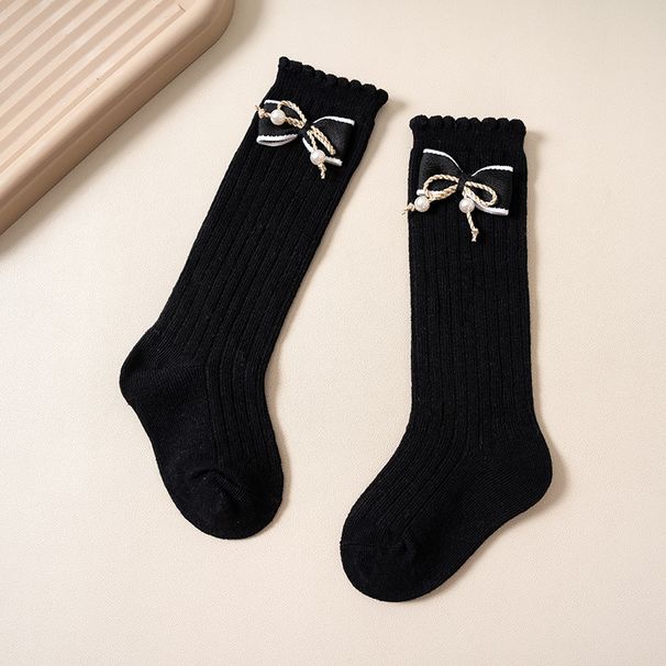 Mother & Kids Stacked Socks Solid Color Double Needle Calf Socks Girls Baby Autumn and Winter Vertical Striped Bowknot Middle Tube Socks Wholesale_viptrois.com