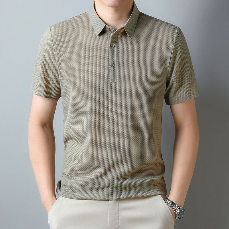 Foreign Trade Seamless Ice Silk Short Sleeved T Shirt Men's Summer Business Casual Elastic Anti Wrinkle Breathable Round Neck Thin Top_viptrois.com