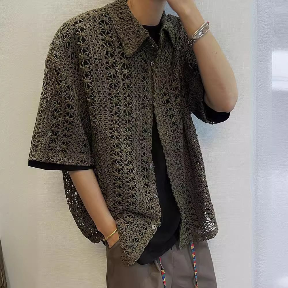 Men's Clothing Retro Old Fashioned Versatile Army Green Vintage Knitted Hollow Breathable Loose Holiday Short Sleeved Shirt Men_viptrois.com