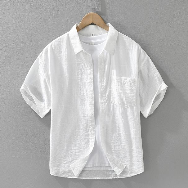 Solid Color Fresh Short Sleeved Shirt For Men, Fashionable And Versatile, Artistic And Casual Loose Top_viptrois.com