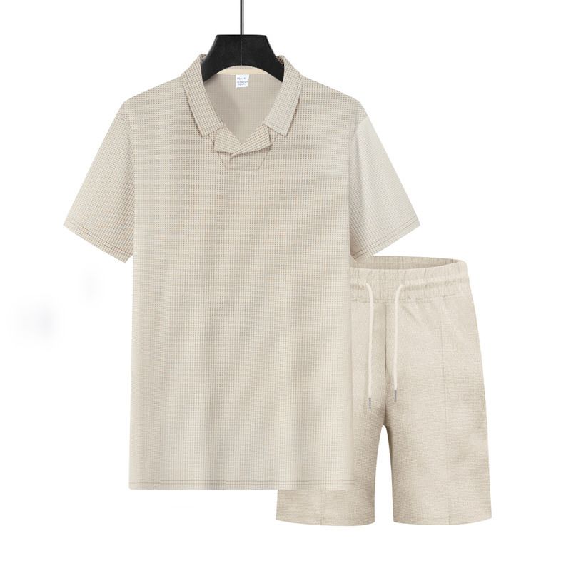 Men's Summer Waffle Knit Polo Shirt And Shorts Set - Breathable Casual Two-Piece Outfit For Relaxation & Travel_viptrois.com