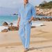 Men's Linen Stand Collar Shirt & Trousers Set – Lightweight Breathable Fabric (White/Grey/Black/Azure/Pink/Khaki, S-XXL)_viptrois.com