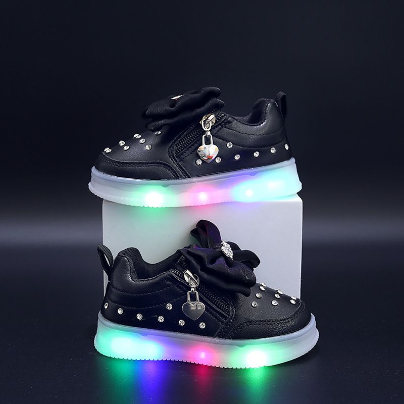 Spring And Autumn New Breathable Bowknot Hot Diamond Running Shoes Princess Style 1 6 Years Old Luminous Shoes_viptrois.com