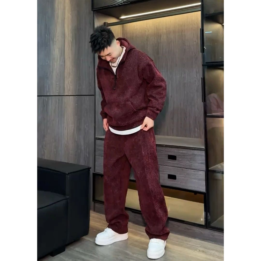 Men's Clothing Winter Plus Velvet Thickened Oblique Striped Casual Suit Lazy Style Half Zipper Hooded Sweatshirt Straight Pants_viptrois.com
