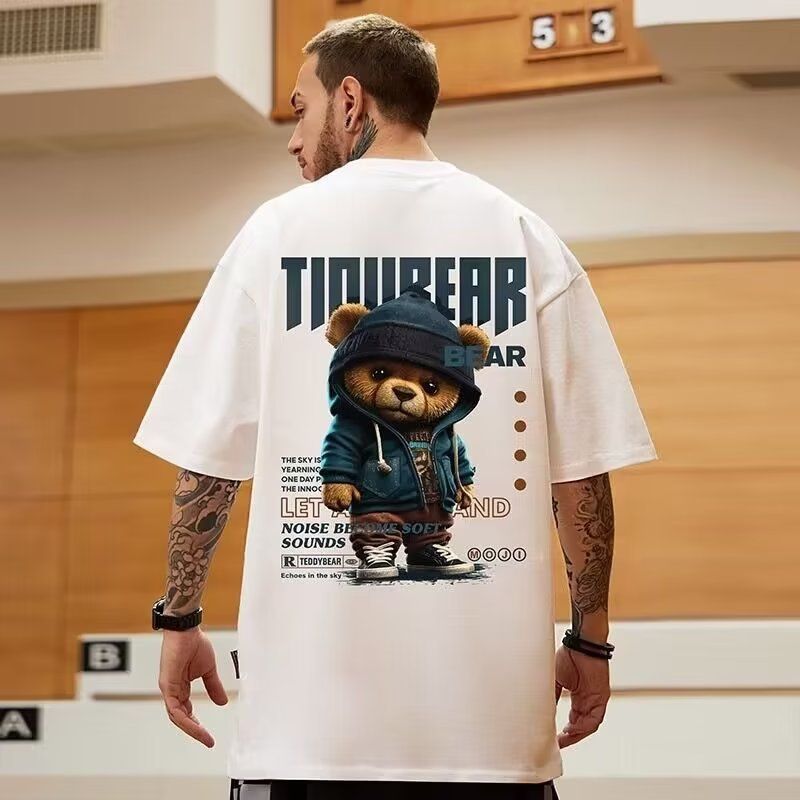 Oversize American Trendy Brand Fat Men's T-Shirts Large Size Loose Bear Print Pure Cotton Short Sleeved T Shirt Half Sleeved Summer Trend Tops_viptrois.com