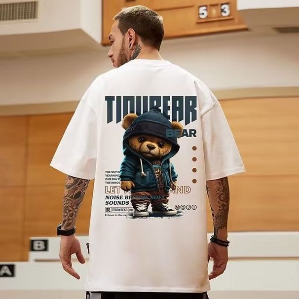 Oversize American Trendy Brand Fat Men's T-Shirts Large Size Loose Bear Print Pure Cotton Short Sleeved T Shirt Half Sleeved Summer Trend Tops_viptrois.com