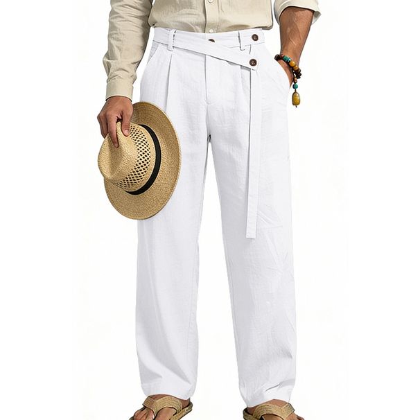 Men's Plus Size Casual Trousers White Linen Slanted Waist Spring_viptrois.com