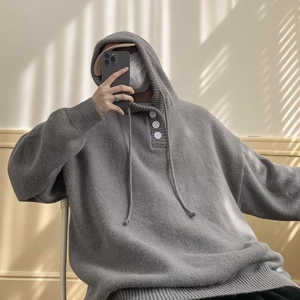 Solid color soft and sticky hooded knitted casual loose autumn and winter top men's sweater hooded versatile autumn and winter lazy_viptrois.com