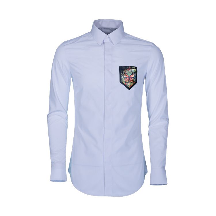 Slim Fit Cotton Blend Shirt With Colorful Printed Butterfly Pockets Long Sleeve Casual Business Style Black White Striped Pure Color_viptrois.com
