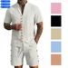 Men's Linen Short Sleeve Shirt And Shorts Set - Retro Casual Pure Color Summer Outfit_viptrois.com