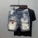 Men's Clothing Denim Shorts Trendy Shorts Ripped Patch Straight Guys 5 Point Pants_viptrois.com