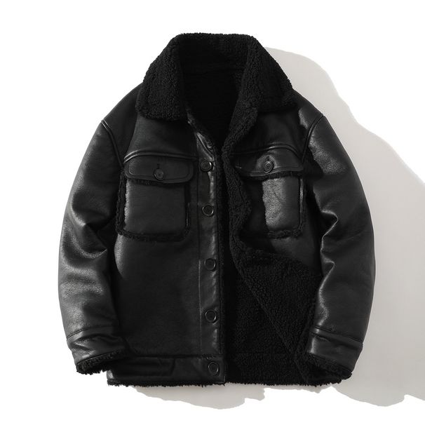Men's Casual Faux Leather Fleece-Lined Jacket With Notched Lapel, Single-Breasted, Windproof & Warm Winter Coat For Outdoor & Daily Wear ( M-5XL)_viptrois.com