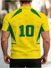 Polo Uomo Taglio Dritto Traspirante Stampa Numero 10 Fantasia Brasiliana Giallo-verde, Colletto Manica Corta Casual Stadio Quotidiano_viptrois.com