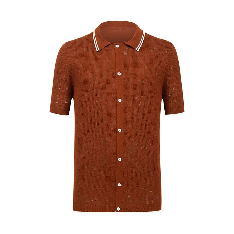 Men's Clothing Spring And Summer Casual All Match Brown Polo Collar Short Sleeved Single Breasted Middle Aged Knitted Sweater For Men_viptrois.com