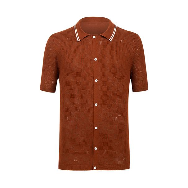 Men's Clothing Spring And Summer Casual All Match Brown Polo Collar Short Sleeved Single Breasted Middle Aged Knitted Sweater For Men_viptrois.com