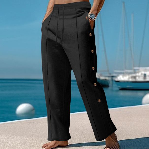 Men's Clothing Spring And Autumn American Men's Drawstring Vertical Button Solid Color Breathable Comfortable Loose Beach Casual Pants_viptrois.com