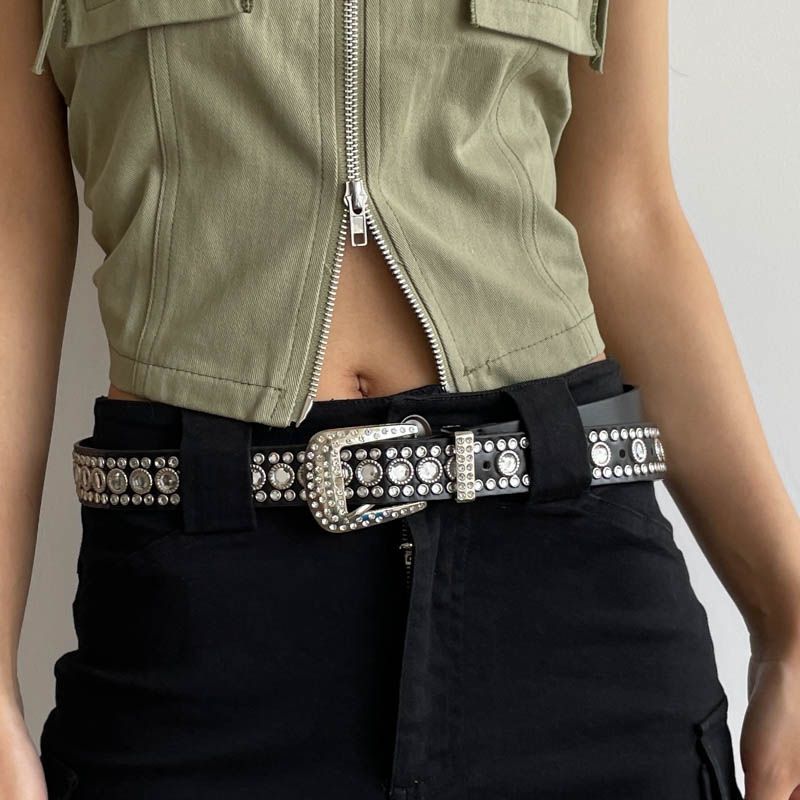Y2k sexy spicy girl with PU punk feng shui diamond inlay, versatile trend women's belt, hollowed out waist belt_viptrois.com