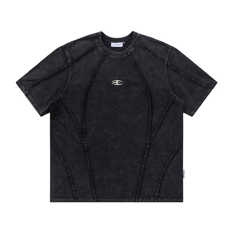 Jiayiku Men's Wear∣2024 Summer New American Street Fashion Brand Heavy Washed Raw Edge Splicing Short Sleeve T-shirt_viptrois.com