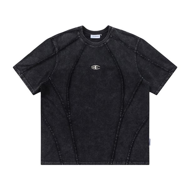 Jiayiku Men's Wear∣2024 Summer New American Street Fashion Brand Heavy Washed Raw Edge Splicing Short Sleeve T-shirt_viptrois.com