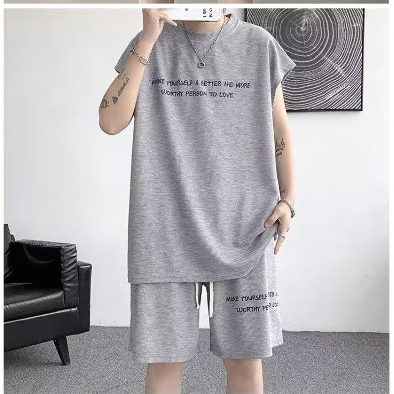 Men's Clothing Summer Waffle Trend New Large Size Men's Sportswear Suit Sleeveless Vest T Shirt Versatile Casual Two Piece Suit_viptrois.com