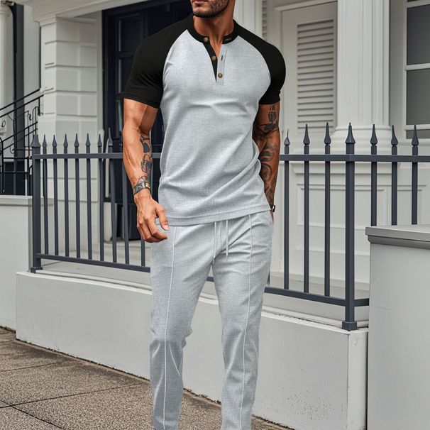 Men's Clothing Summer New Color Matching Casual Waffle Round Neck Short Sleeved Men's T Shirt Trousers Suit_viptrois.com