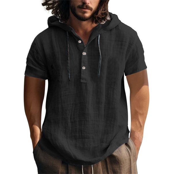 Men's Clothing Cotton And Linen Shirt Hooded Sweatshirt Short Sleeved Hooded Spring And Summer Casual Men's Beach T Shirt_viptrois.com