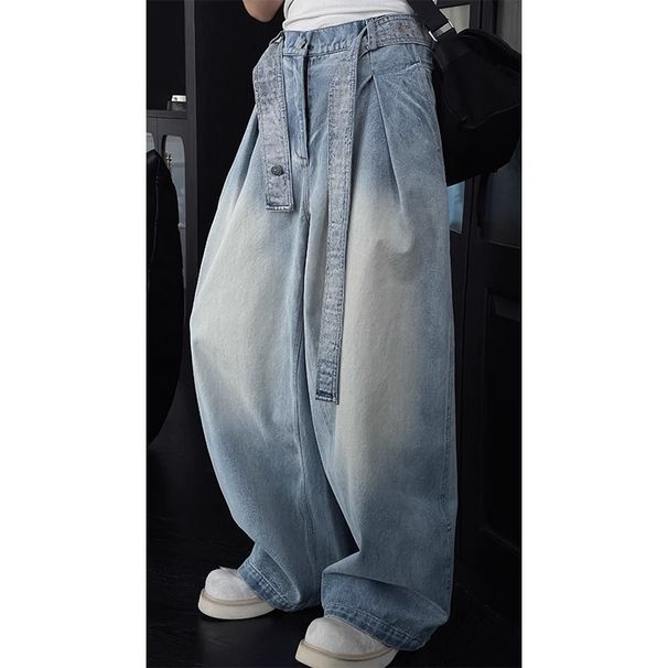 Vintage Washed Men's Jeans With Belt Loops - Relaxed Straight Leg Denim Pants For Casual Streetwear_viptrois.com