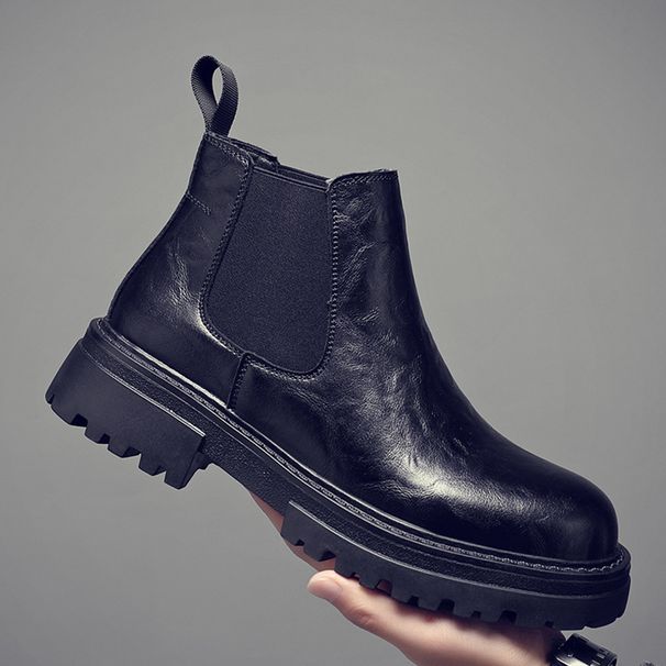 Martin Boots Men's High-top Leather Shoes Wind Thick-soled Heightened Velvet Black Locomotive Boys Soft Leather Medium-top Boots_viptrois.com