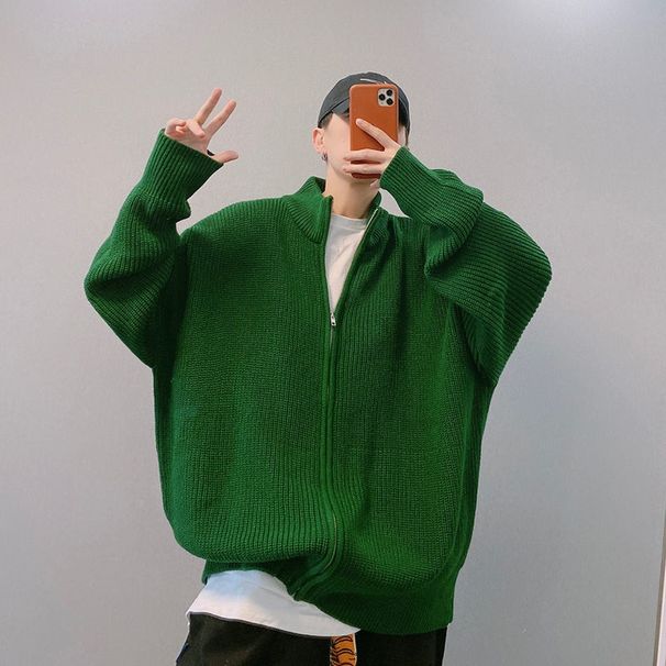 Loom Autumn Winter Trendy Stand Collar Loose Drop Shoulder Lazy Style Zipper Knitted Sweater Cardigan Student Couple Casual_viptrois.com