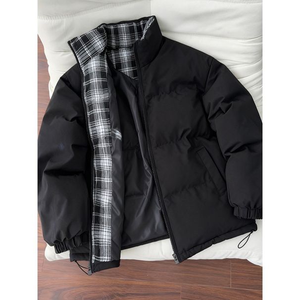 Padded Jacket Men's Black Plaid Short Cotton Jacket Men's Winter Cleant Warm Bread Jacket Stand-up Neck Cotton Jacket_viptrois.com