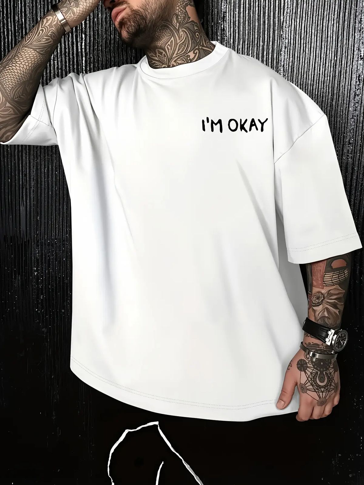 Maglietta Uomo Cotone 180g Stampa Teschio E Scritta I'M OKAY Retro Morbida Versatile Stile Casual Vestibilità Regolare_viptrois.com